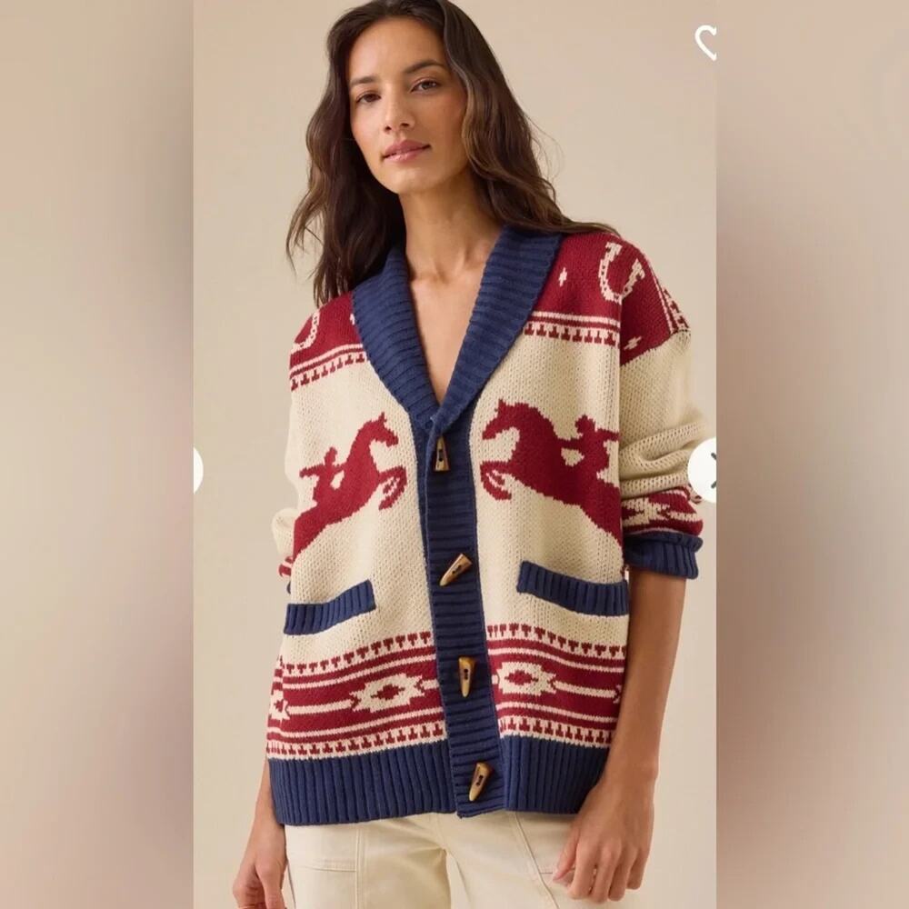 Altar'd State Cream, Red & Navy Horse Pattern Cardigan